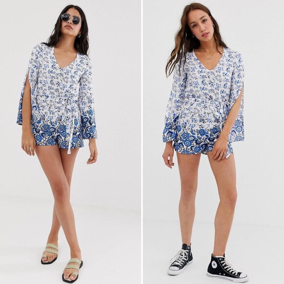 ASOS Parisian Long Sleeve Romper Size 6 Petite Floral Border Print Blue 6P - Picture 1 of 12